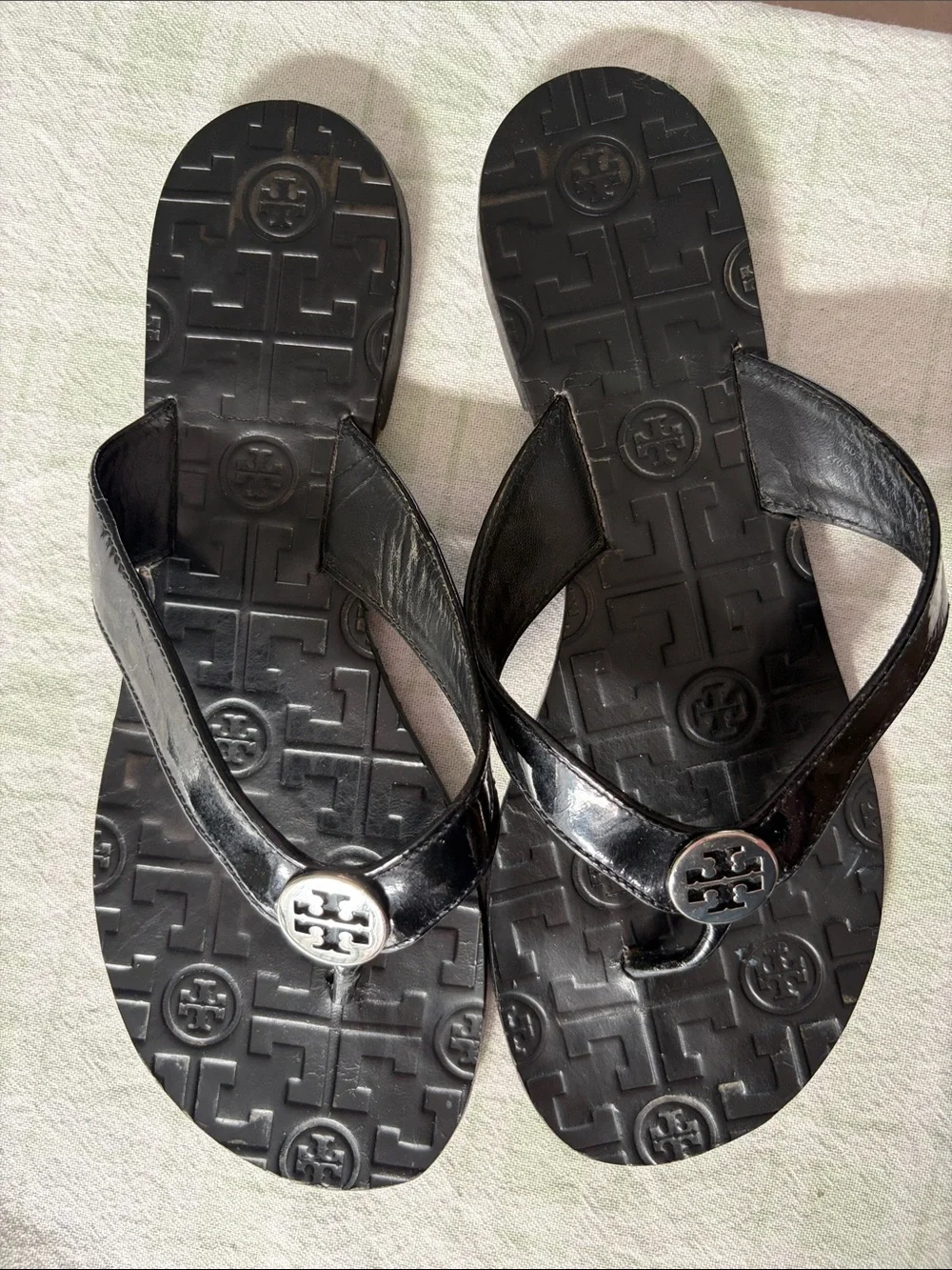 Tory Burch Black Patent Logo Thong Sandals